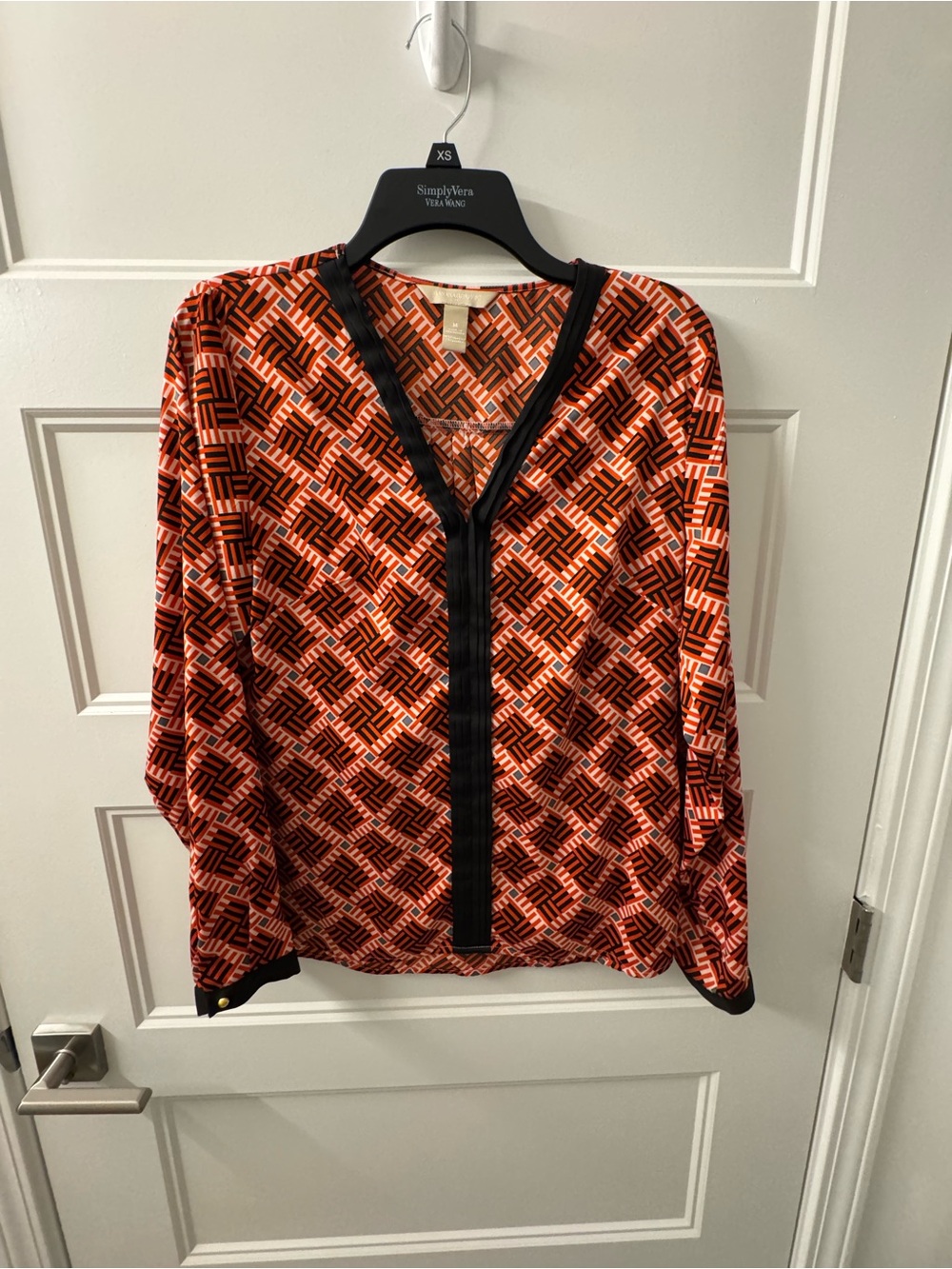 Banana Republic Orange Geometric V-Neck Blouse with Black Trim